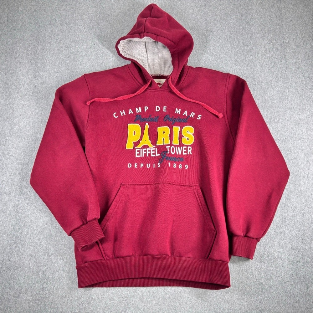 Paris France Hoodie Pullover L Red Cotton Waffle Knit Sweatshirt